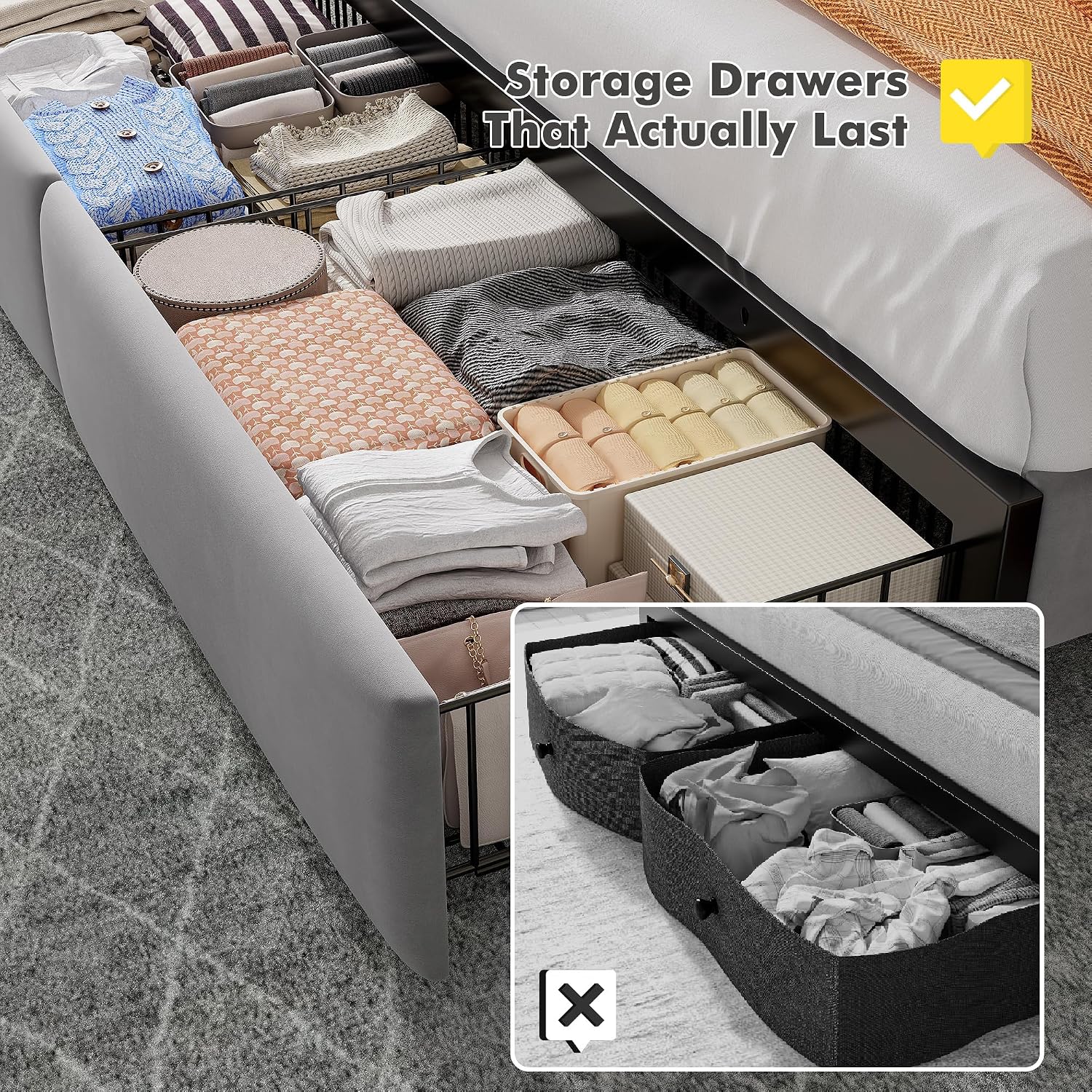 EnHomee Full Bed Frame with 2 Storage Drawers and LED Lights, Velvet Platform Bed Frame with Charging Station, Upholstered Adjustable Headboard, No Box Spring Needed, Easy Assembly，Grey