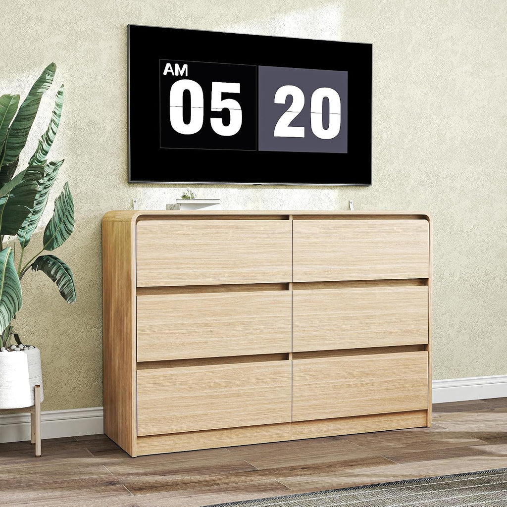 Vibe & Dine 6 Drawer Dresser, Modern Wooden Dressers & Chests of Drawers with Arc Edge Design, 47' Wide Dresser for Closet, Entryway, Bedroom, Natural Wood