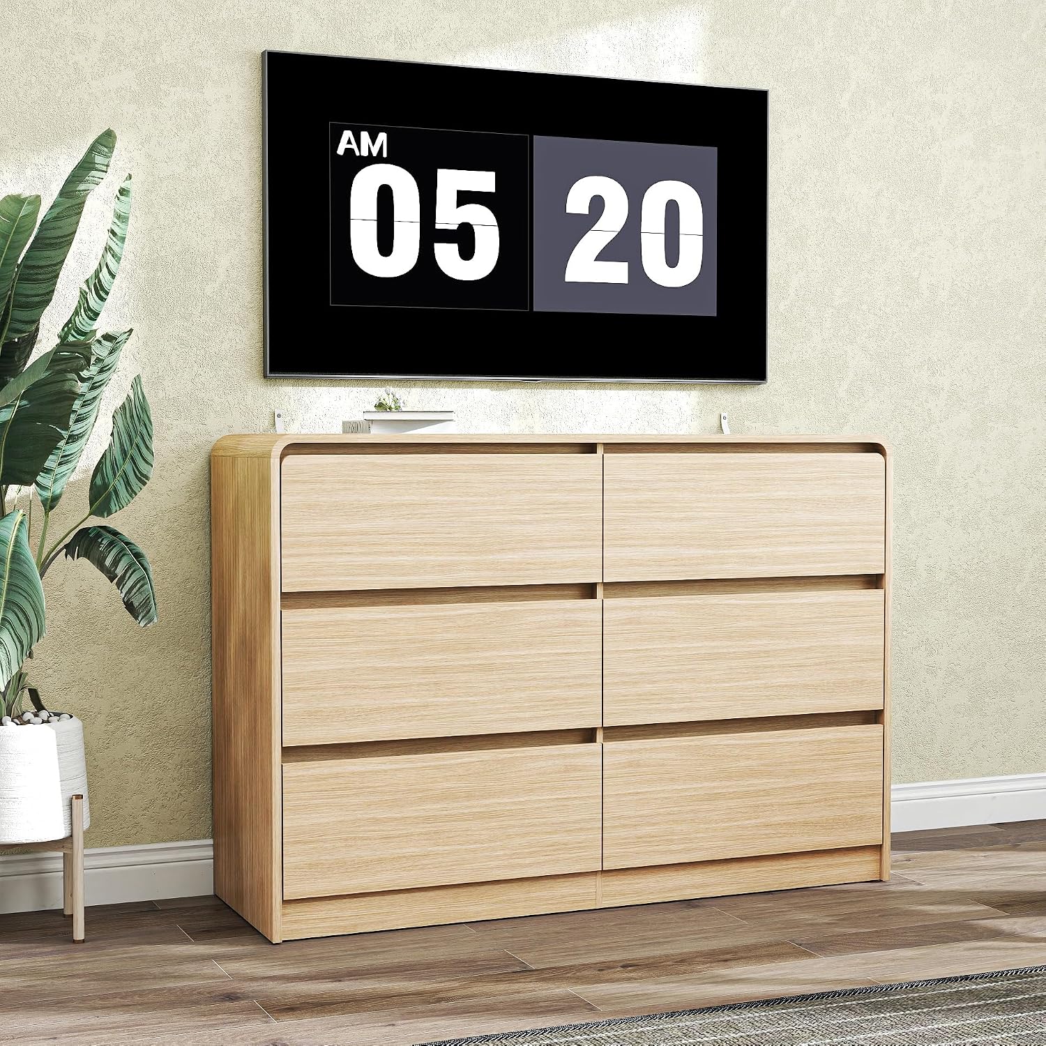 Vibe & Dine 6 Drawer Dresser, Modern Wooden Dressers & Chests of Drawers with Arc Edge Design, 47' Wide Dresser for Closet, Entryway, Bedroom, Natural Wood