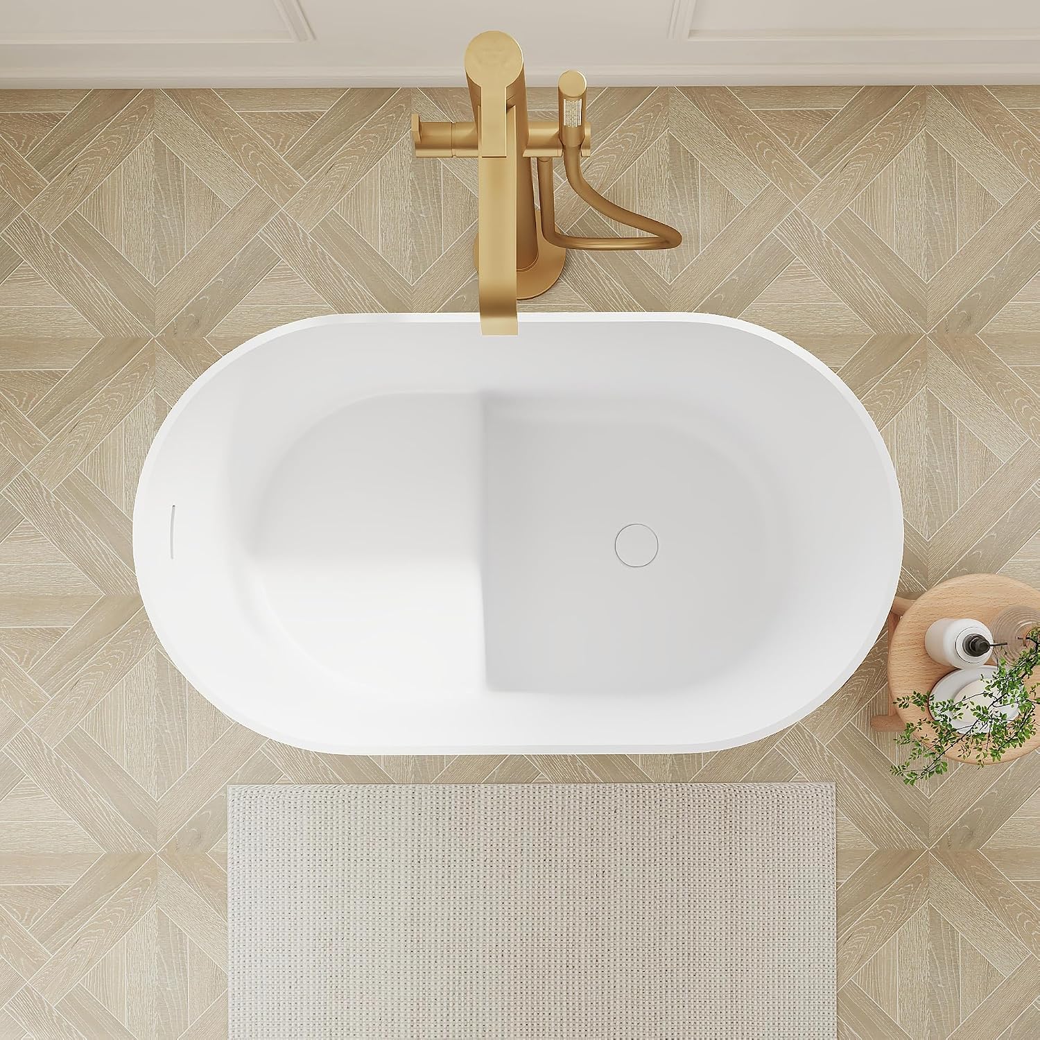 SJ Star&Jane Solid Surface Japanese Soaking Tub, 39' Small Freestanding Bathtub, Stone Resin Deep Soak Stand Alone Tub for Small Bathroom, Matte White Compact Modern Bath Tub