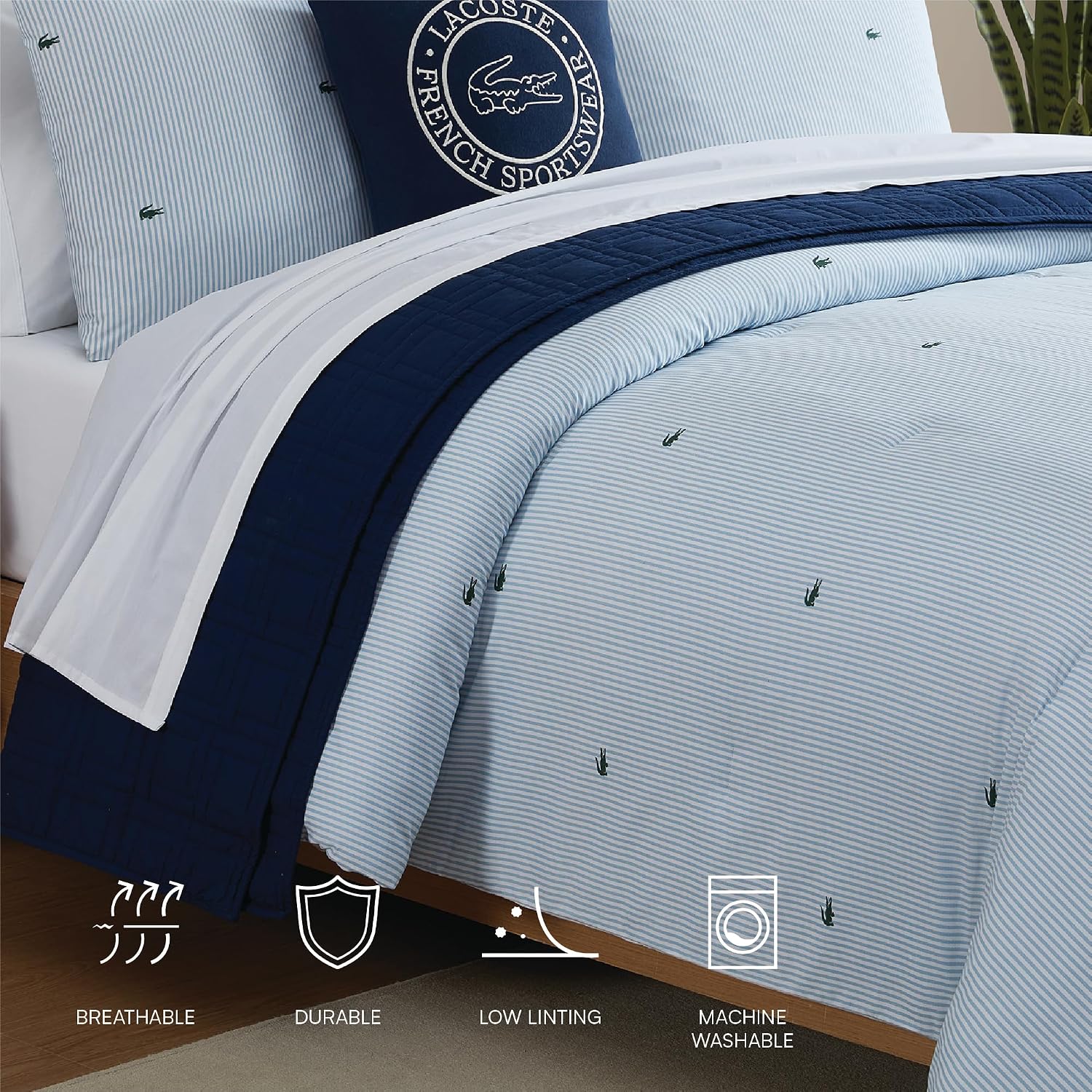 Lacoste Pinstripe Croc Comforter Set, 100% Percale Cotton 180TC, Breathable All Season Bedding with Embroidered Crocodile Logo, Blue, Full/Queen