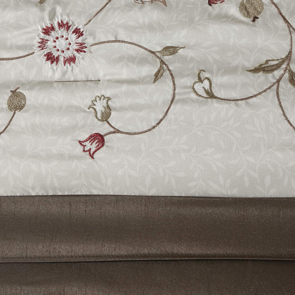 Madison Park Serene Faux Silk Comforter Set - Floral Embroidery Design, All Season Bedding Set, Matching Bed Skirt, Decorative Pillows, Red King(104'x92') 7 Piece