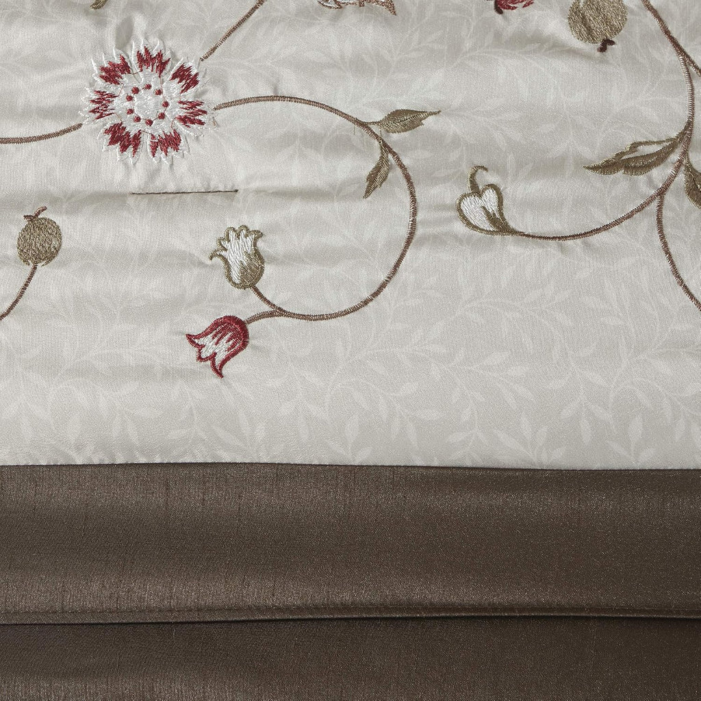 Madison Park Serene Faux Silk Comforter Set - Floral Embroidery Design, All Season Bedding Set, Matching Bed Skirt, Decorative Pillows, Red Cal King(104'x92') 7 Piece