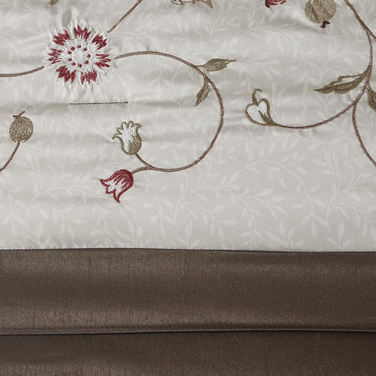 Madison Park Serene Faux Silk Comforter Set - Floral Embroidery Design, All Season Bedding Set, Matching Bed Skirt, Decorative Pillows, Red Cal King(104'x92') 7 Piece