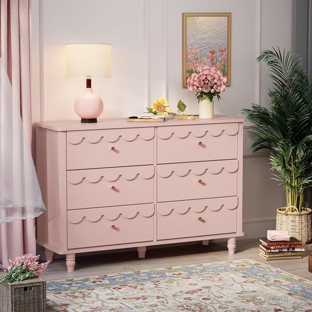 Anbuy Bedroom Sets Scalloped 6 Drawer Dresser and Night Stand Sets for Bedroom, Two Drawers Nightstand Set of 2 & 6 Drawer Dresser Combo 3 Pieces (Pink)