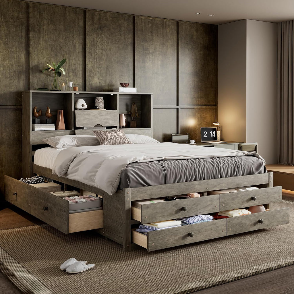 Queen Size Platform Bed with Storage Headboard, Solid Wood Platform Bed Captain's Bed Frame with 8 Drawers, Sturdy Slats Support, Maximize Space, Grey-8r
