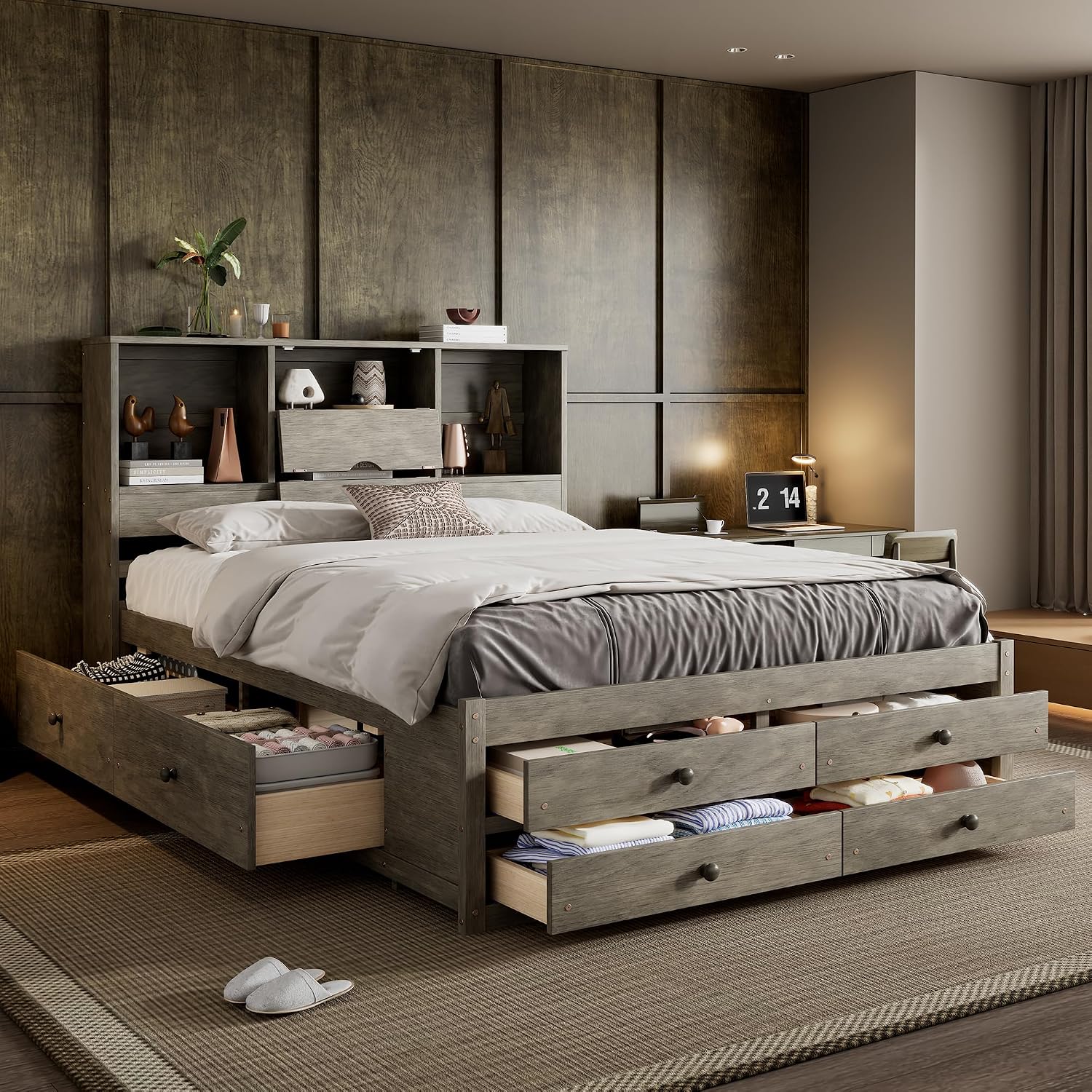 Queen Size Platform Bed with Storage Headboard, Solid Wood Platform Bed Captain's Bed Frame with 8 Drawers, Sturdy Slats Support, Maximize Space, Grey-8r