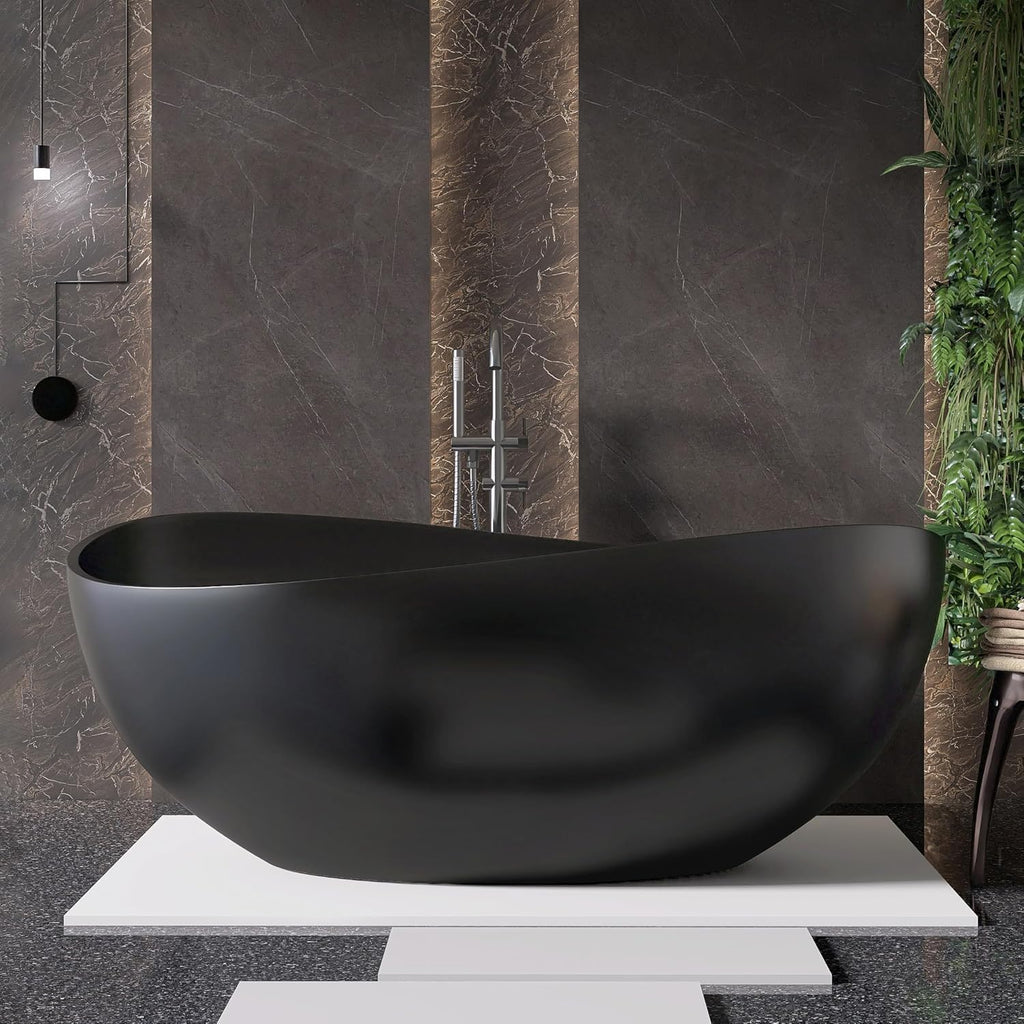 63'' Black Bathtub,Stone Resin Solid Surface Freestanding Bathtub, Modern Elegant Design Soaking Stand Alone Tub, Matte Black, Drain and Overflow Included