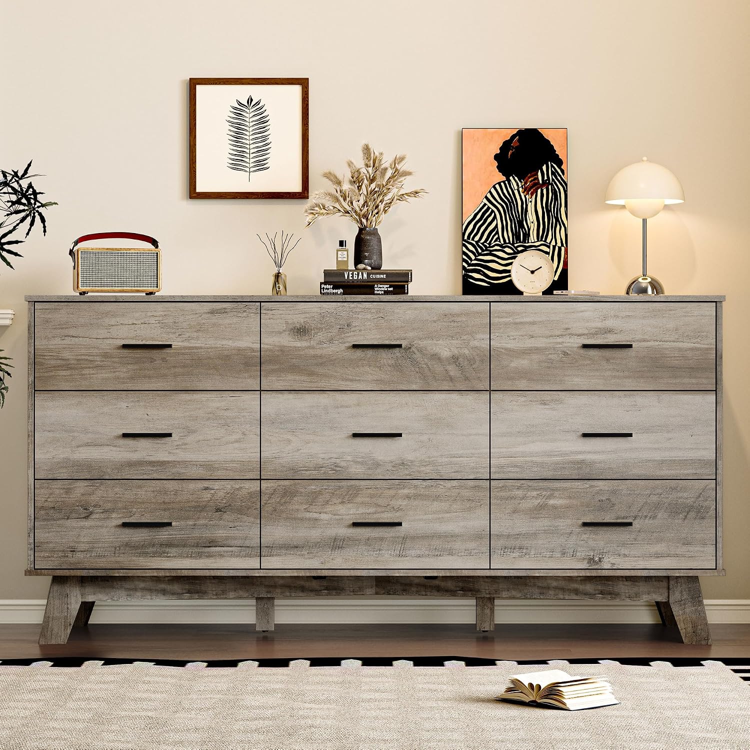 BORNOON Dresser for Bedroom with 9-Drawer, 59' Wide Modern Chest of Drawers with Metal Handles, X-Shape Base & Adjustable Center Leg, Anti-Tip Closet Organizers and Storage