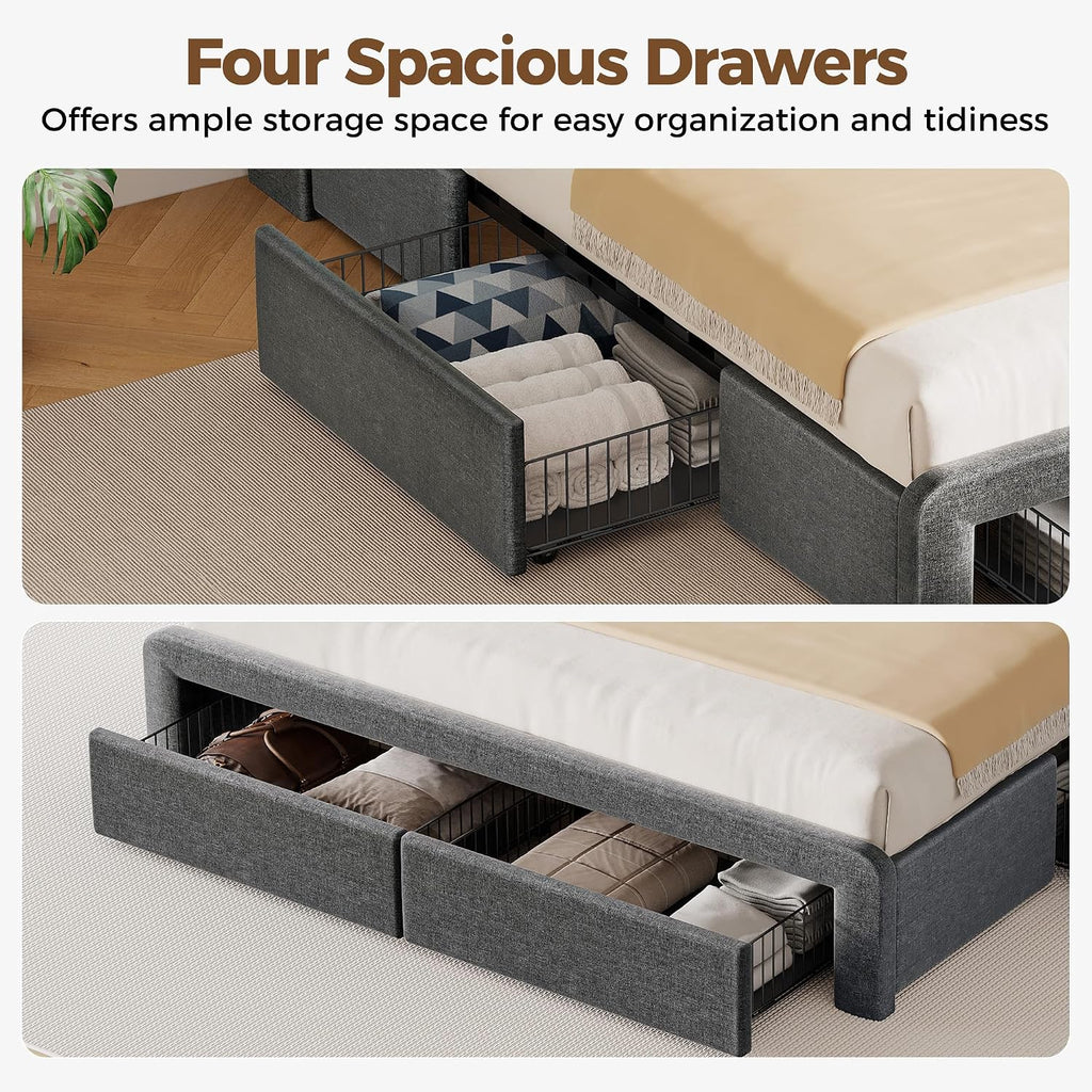 Seventable Twin Bed Frame with Storage Drawers & Charging Station, Upholstered Platform Bed with LED Light and Storage Headboard, Gray, No Box Spring Needed, Noise Free, Easy Assembly