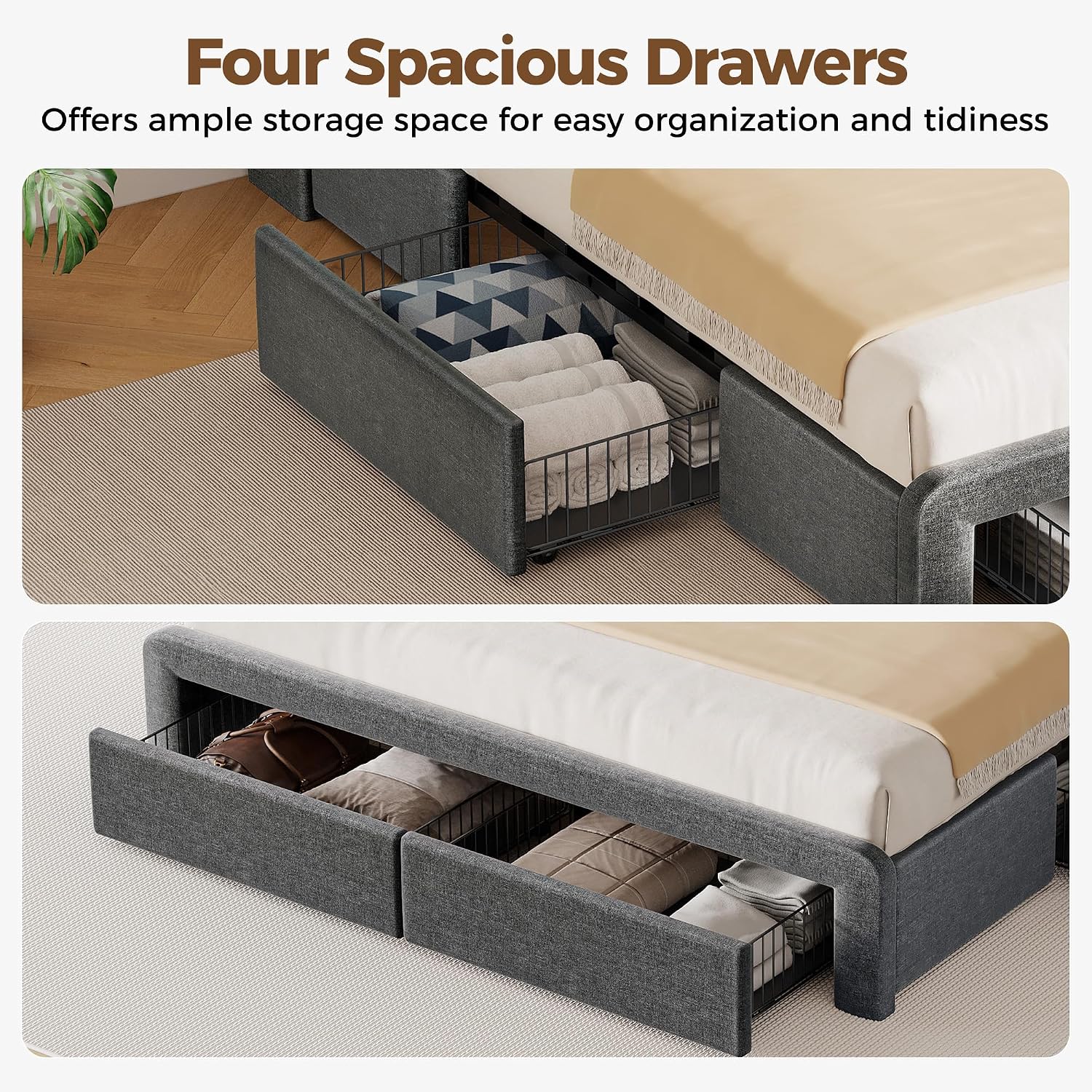 Seventable Twin Bed Frame with Storage Drawers & Charging Station, Upholstered Platform Bed with LED Light and Storage Headboard, Gray, No Box Spring Needed, Noise Free, Easy Assembly