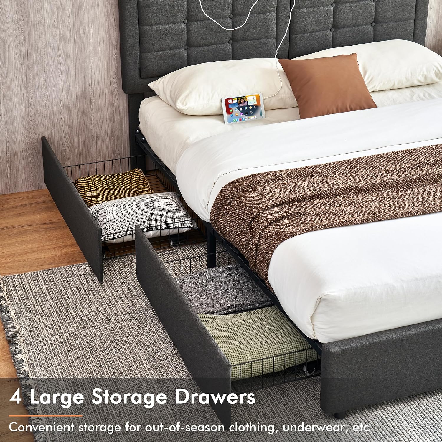 VECELO Full Size Bed Frame with 4 Drawers, Adjustable Tufted Button Headboard, Upholstered Platform with Wood Slats Support, Built-in USB and Type C Ports, Dark Gray