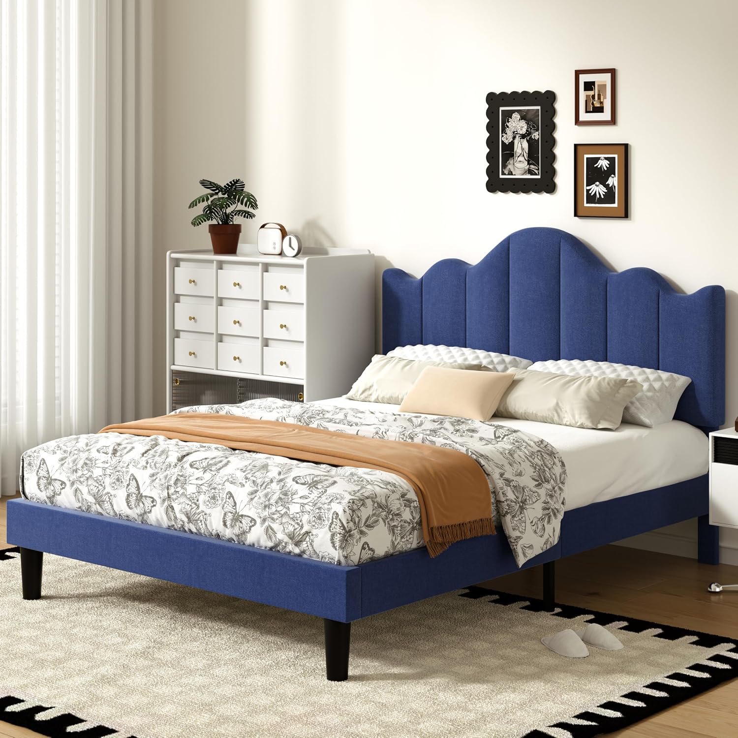 VECELO Full Size Upholstered Platform Bed Frame with Adjustable Headboard, Wood Slat Support and Noise-Free, No Box Spring Needed, Easy Assembly, Dark&Blue