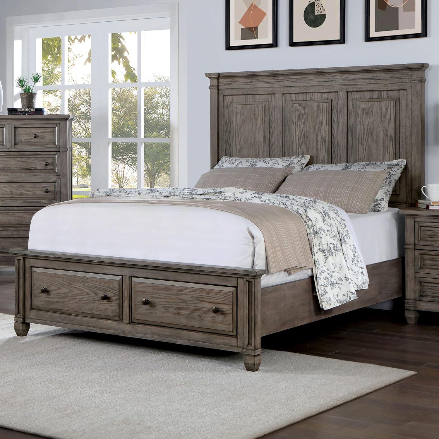Furniture of America Xephyr Solid Wood 6-Piece Bedroom Set, Queen-Size Bed with Footboard Drawers, Felt-Lined Top & Ball-Bearing Glides, USB Port on Nightstand, Box Spring Required, Warm Gray