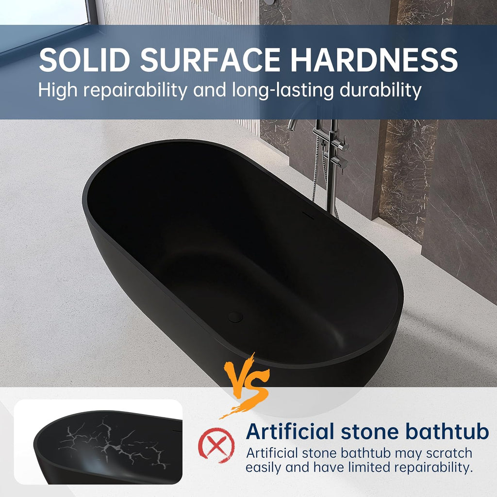 59'' Resin Stone Freestanding Bathtub, Matte Black Soaking Tub Solid Surface Modern Tubs with Overflow and Pop-up Drain in