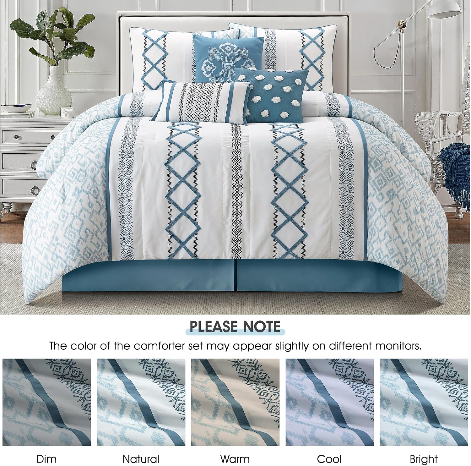 LANCO MODERN LIFESTYLE Blue Queen Comforter Set, 7 Pieces All Season Bedding Sets in a Bag with Geometric Terry Embroidered Comforter, Bed Skirt, Pillow Shams and Decorative Pillows