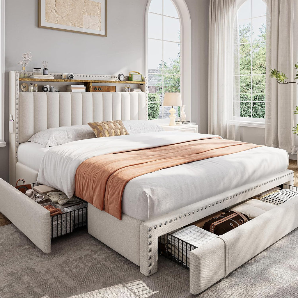 EnHomee Upholstered Full Bed Frame with 3 Storage Drawers, 2-Tier Storage Headboard, Platform Bed Frame with Wooden Slats Support, No Box Spring Needed, Beige