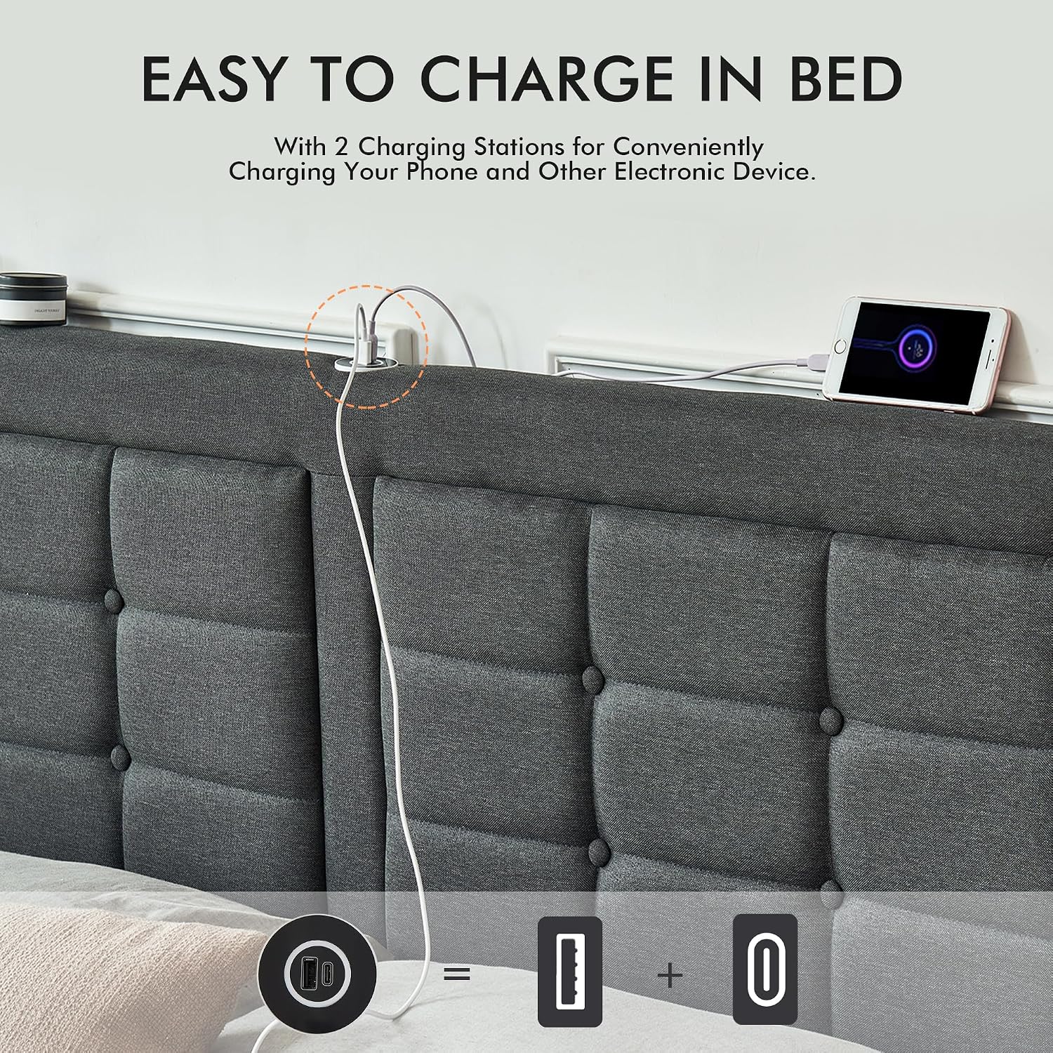 VECELO Full Size Bed Frame with 4 Drawers, Adjustable Tufted Button Headboard, Upholstered Platform with Wood Slats Support, Built-in USB and Type C Ports, Dark Gray