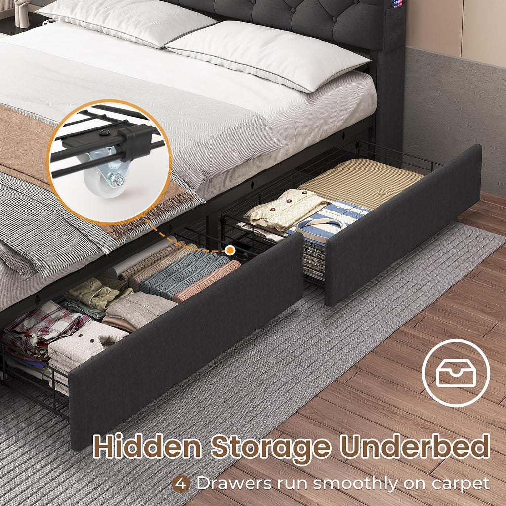 HAUOMS Full Size Bed Frame with Hidden Storage Headboard and 4 Drawers, Upholstered Platform Bed Full with LED Lights & Charging Station, No Box Spring Needed, Noise-Free, Dark Grey