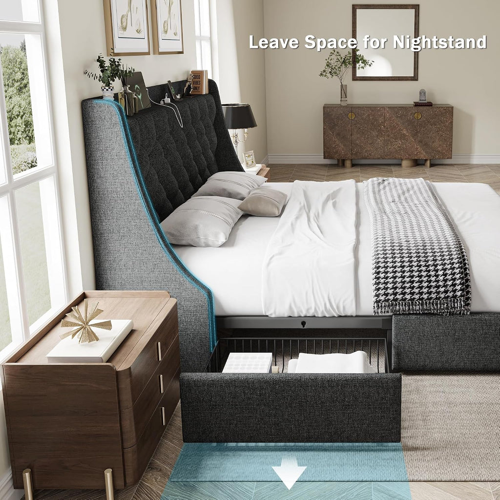 GalnFu Queen Bed Frame with 4 Storage Drawers, Giant Upholstered Wingback Headboard, Fast Charging Station, No Box Spring Needed, Noise-Free, Dark Gray