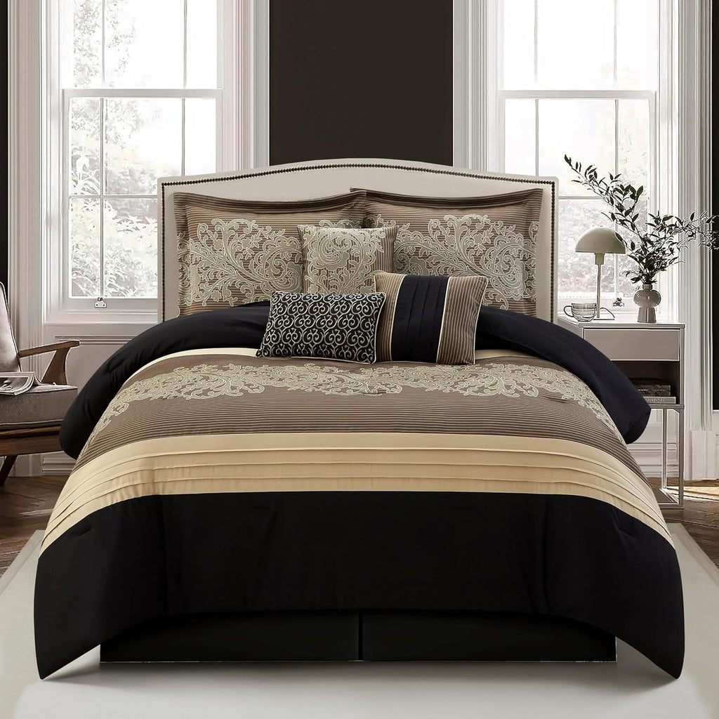 Grand Avenue Black/Gold Cal King Comforter Set, 7 Piece, Bedding Sets & Collections, Pillow Shams Bedskirt, Jacquard Comforters, All Season