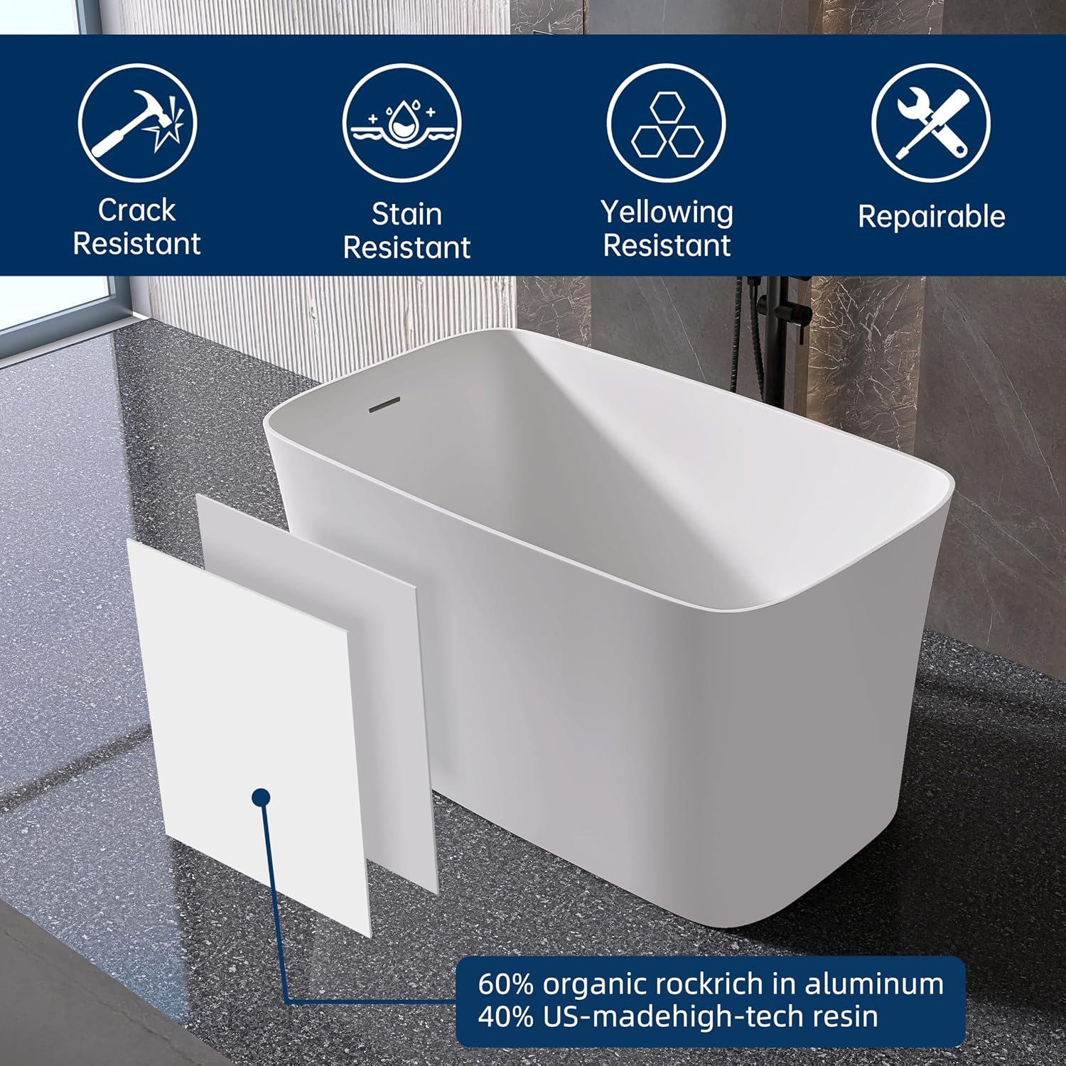 47' Stone Resin Freestanding Bathtub, Freestanding Bathtub with seat,Oval Solid Surface Japanese Soaking Bathtubs with Drain & Integrated Slotted Overflow Matte White MG003-1200