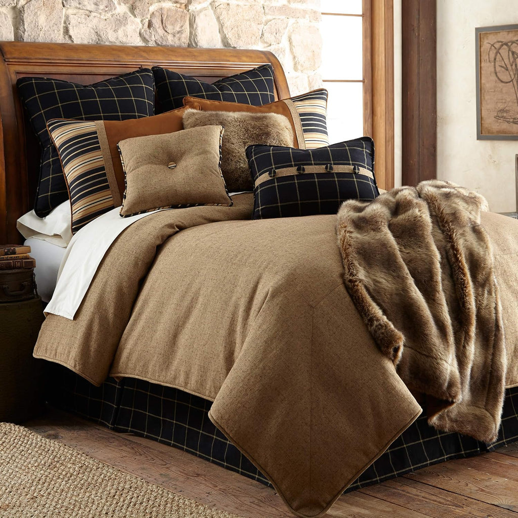 HiEnd Accents Ashbury 5 Piece Comforter Set, Queen Size, Tweed Tan and Black, Rustic Cabin Lodge Luxury Bedding Set, 1 Comforter, 1 Bed Skirt, 2 Pillow Shams, 1 Plaid Accent Pillow