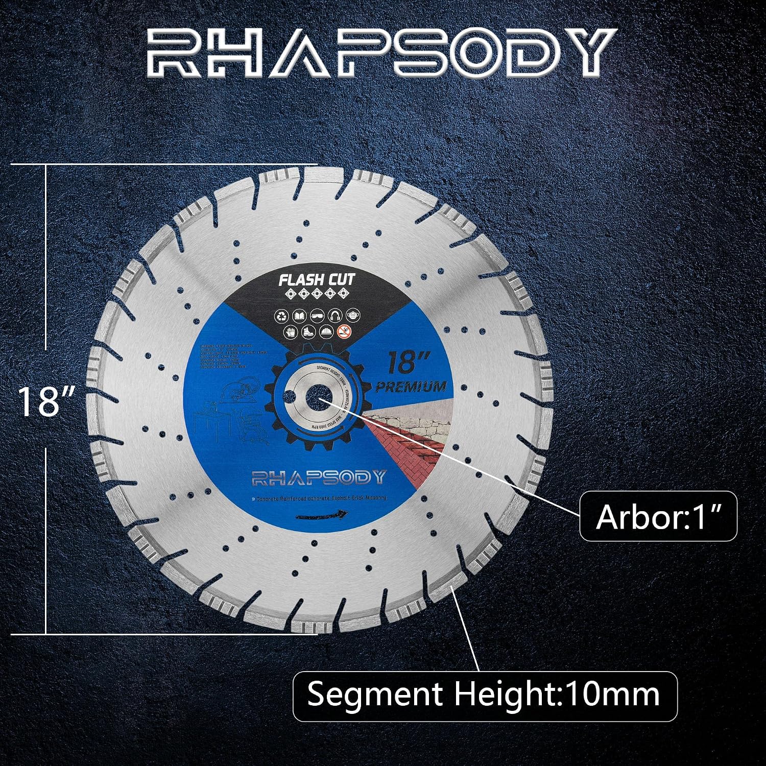 RHAPSODY 18 Inch Laser Welded Diamond Saw Blade, Segmented Supreme Diamond Blade All Purpose Dry/Wet Cutting Hard/Reinforced Concrete, Asphalt, Masonry,1' Arbor