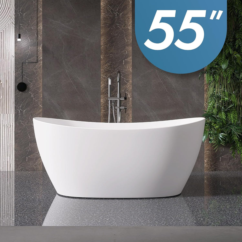 55'' High-back Stone Resin Freestanding Bathtub, Solid Surface Free Standing Tub, Contemporary Soaking Tub, Stand Alone Tub with Pop-up Drain and Overflow, Matte White (Oval)
