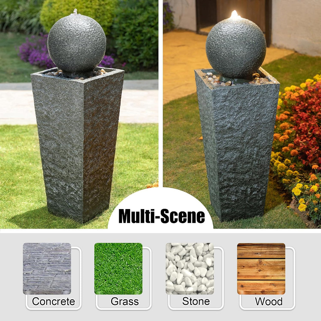 Glitzhome Outdoor Water Fountain with LED Light, Oversized Modern Sphere Pedestal Water Fountain with Submersible Pump, Outdoor Fountains Garden Waterfall for Patio Deck Porch, 40.25' H