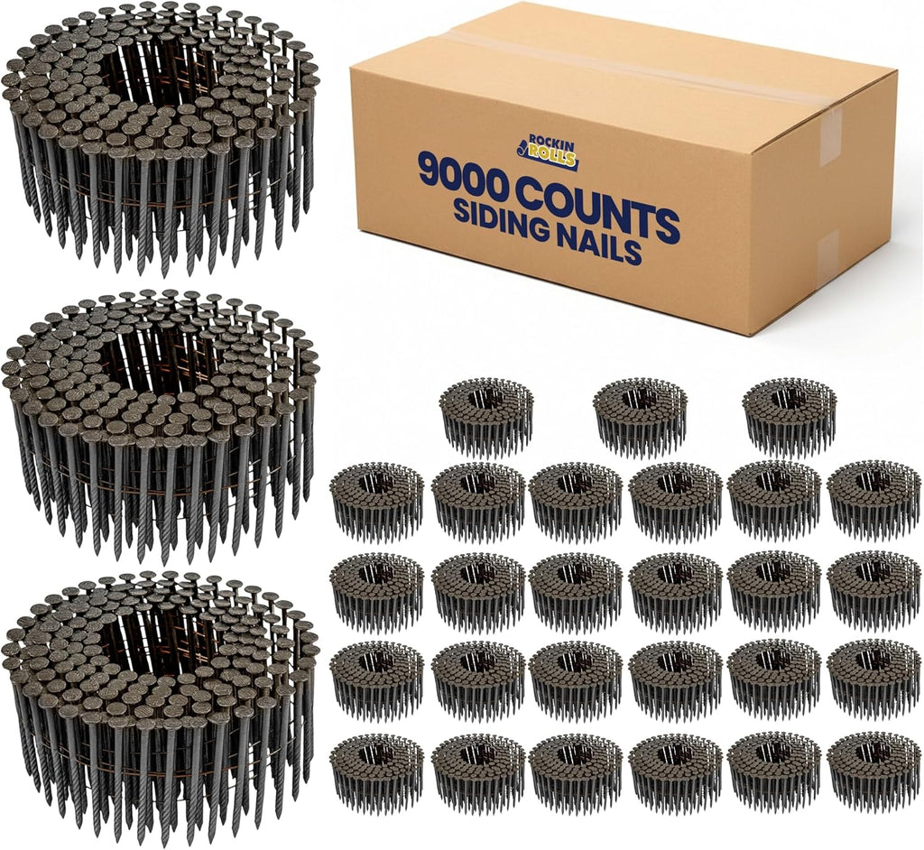 Rockin Rolls Siding Nails 2 Inch - 9000 Count – 15 Degree Wire Collated Coil Siding Nails, Full Round Head Galvanized Steel Nails, Fence Nails for Wood Fencing, Fits Siding Nailer & Coil Nail Gun