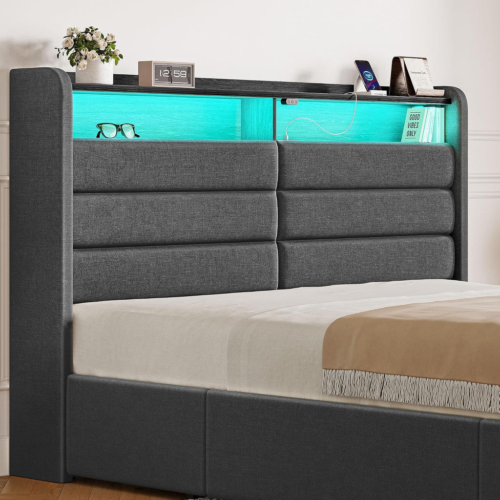Seventable Twin Size Bed Frame with 3 Storage Drawers & Charging Station, Upholstered Platform Bed with Storage Headboard and LED Light, No Box Spring Needed, Noise Free, Easy Assembly, Dark Grey