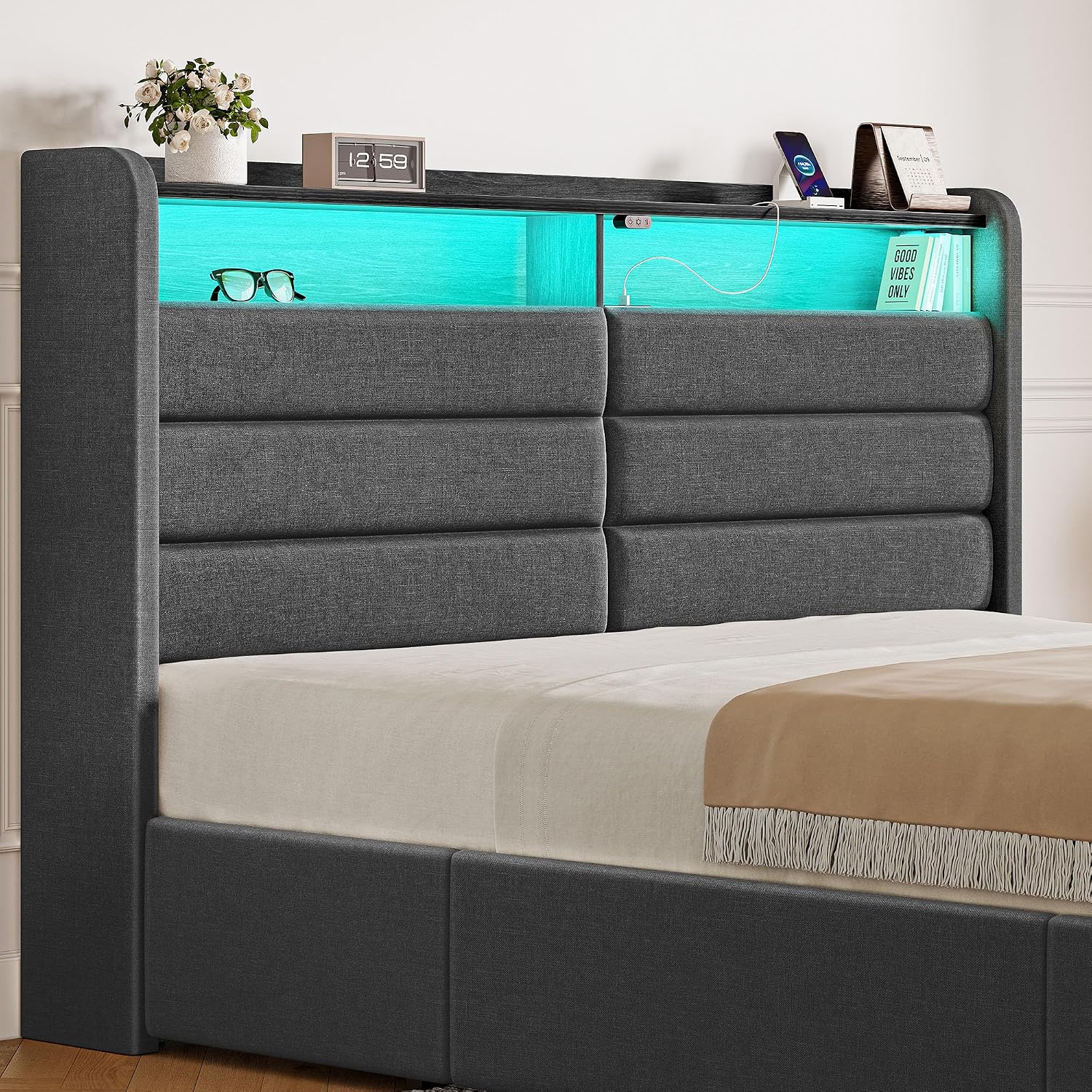 Seventable Twin Size Bed Frame with 3 Storage Drawers & Charging Station, Upholstered Platform Bed with Storage Headboard and LED Light, No Box Spring Needed, Noise Free, Easy Assembly, Dark Grey