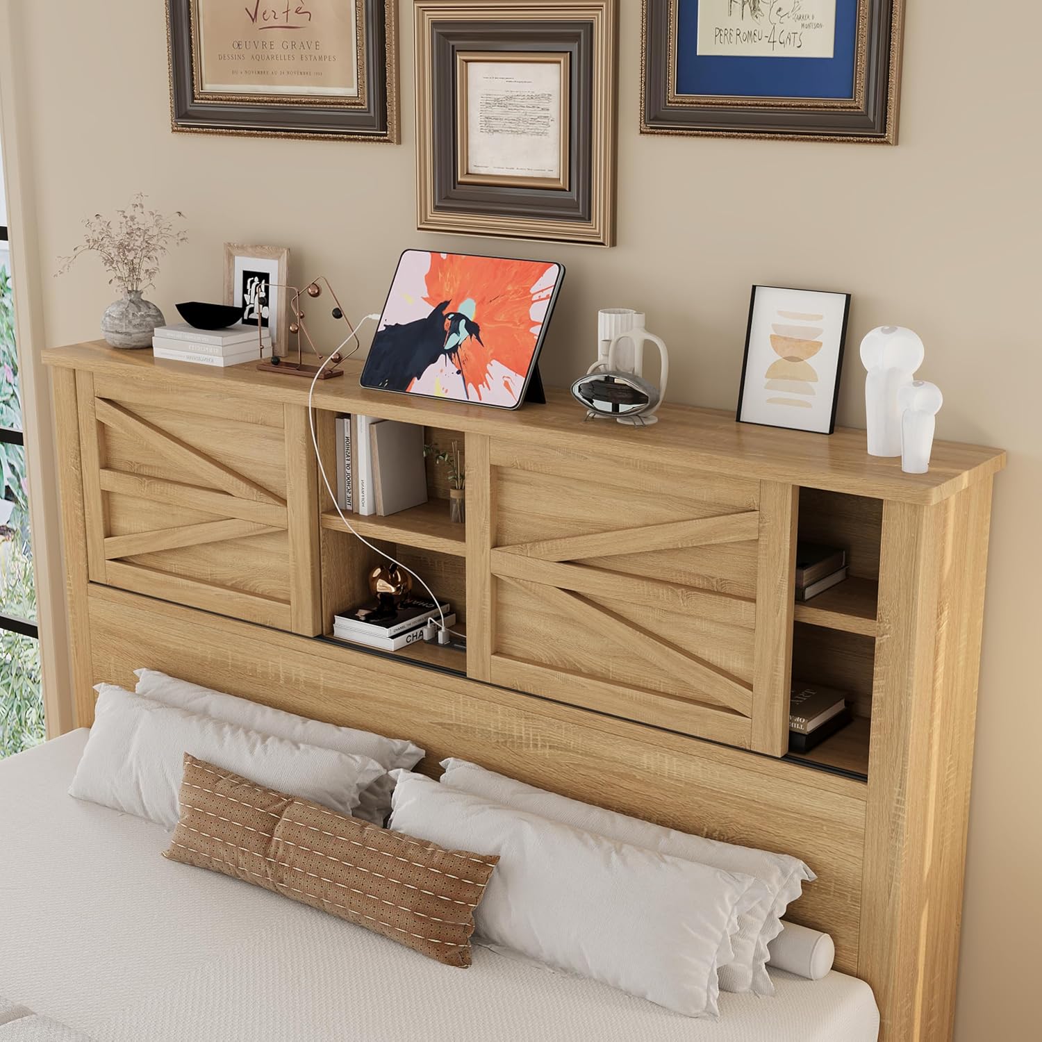 Harper & Bright Designs 3-Pieces Bedroom Sets Queen Size Farmhouse Platform Bed with Double Sliding Door Storage Headboard and Charging Station, Storage Nightstand and Dresser, Natural