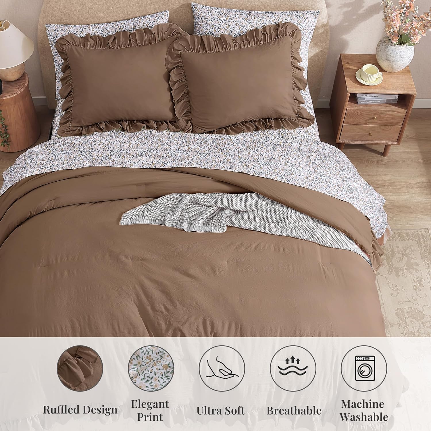 BLOOMHAVEN Oversized King Comforter Set - 7 Pieces Ruffle Amber Brown Bedding Sets, Shabby Chic Farmhouse Bed in a Bag with Ruffle Comforter, Floral Sheets, Pillowcases & Shams