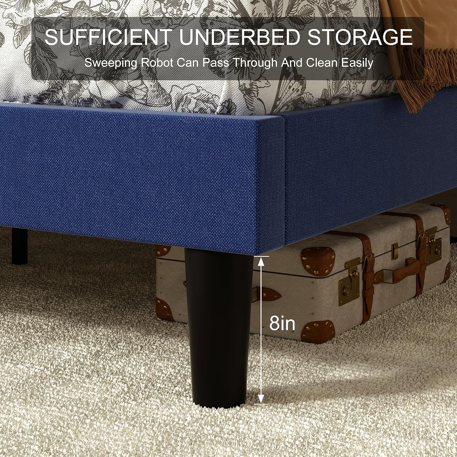 VECELO Twin Size Upholstered Platform Bed Frame with Adjustable Headboard, Wood Slat Support and Noise-Free, No Box Spring Needed, Easy Assembly, Dark Blue