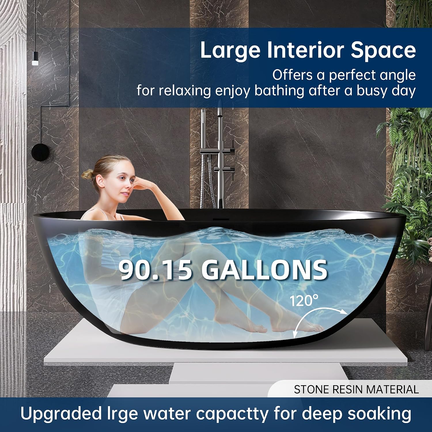 67' Stone Resin Freestanding Bathtub, Oval Solid Surface Bathroom Freestanding Tubs,Stand Alone Soaking Tub with Drain & Integrated Slotted Overflow Matte black AM301-1700