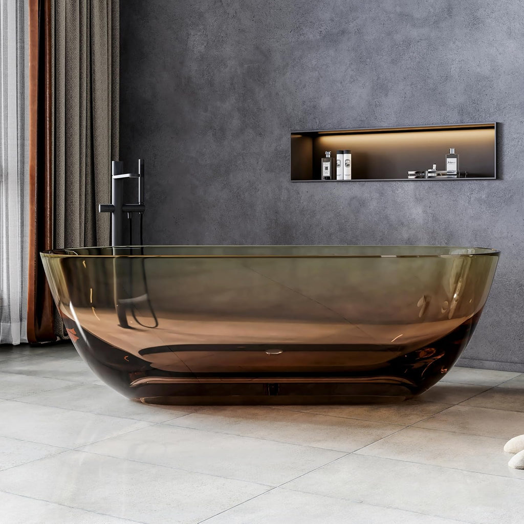 69'' Resin Soaking Bathtub Transparent Oval Freestanding Tub Deep Soaking Bathtub Modern Tubs with Overflow and Pop-up Drain in Brown