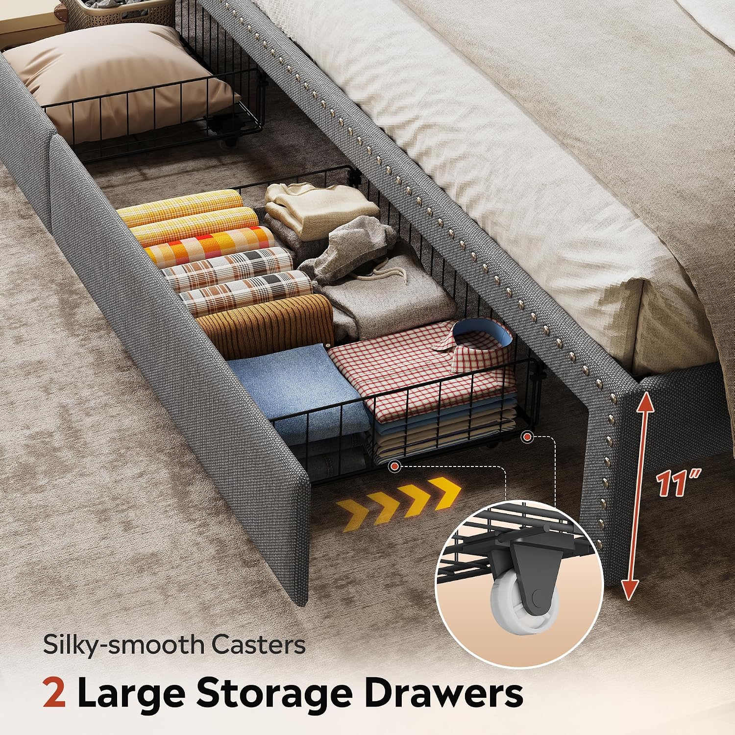 WLIVE King Size Upholstered Bed Frame with 2 Drawers, Storage Headboard Platform Bed with Charging Station and LED Light, Sturdy Metal & Wooden Slats Support, No Box Spring Needed, Light Grey
