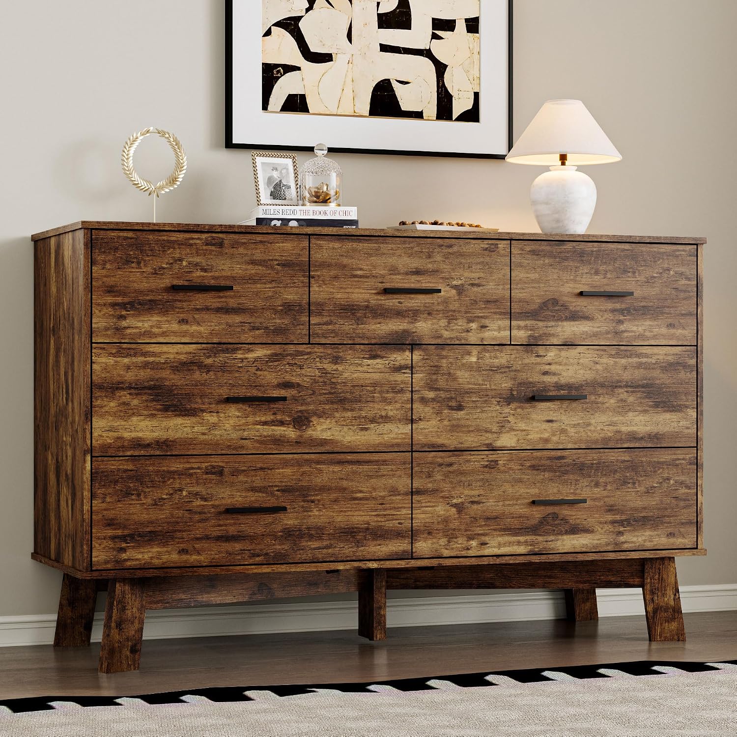 BORNOON Dresser for Bedroom with 7-Drawer, 47.2' Wide Modern Chest of Drawers with Metal Handles, X-Shape Base & Adjustable Center Leg, Anti-Tip Closet Organizers and Storage
