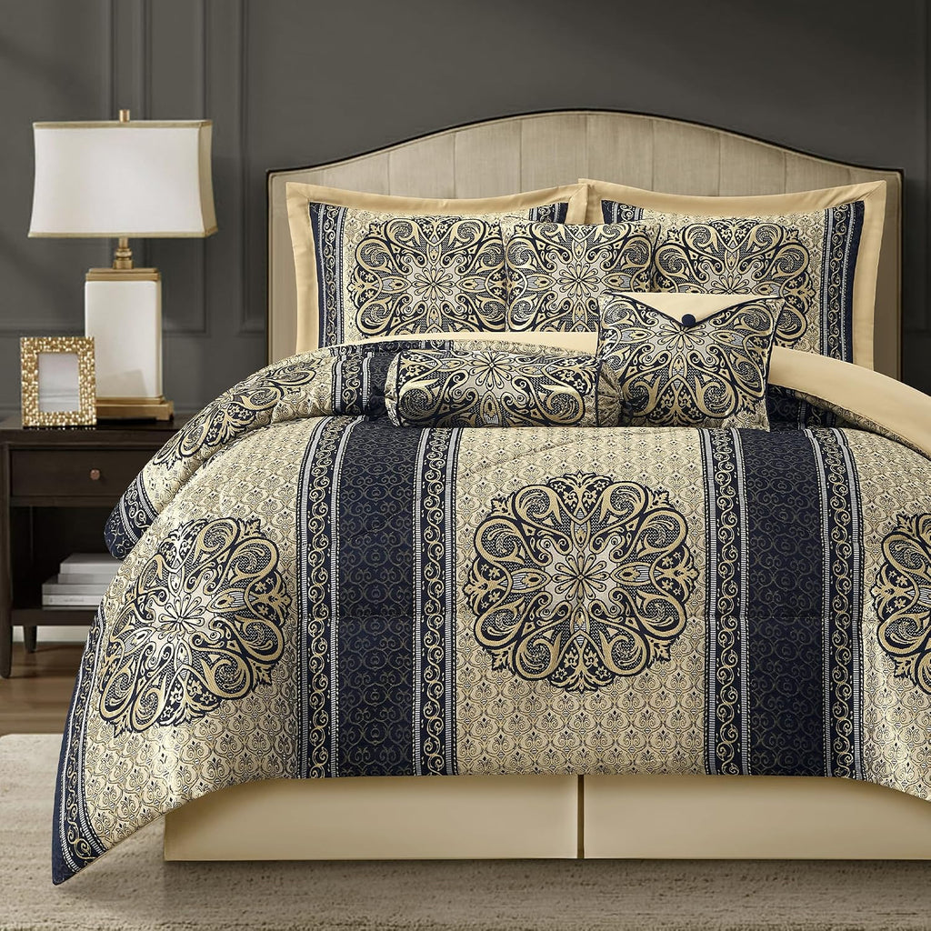 LANCO MODERN LIFESTYLE King Size Comforter Set, Navy Medallion Jacquard Design, Luxurious Bohemian 7 Pieces Bedding Set with Decorative Pillows and Bed Skirt