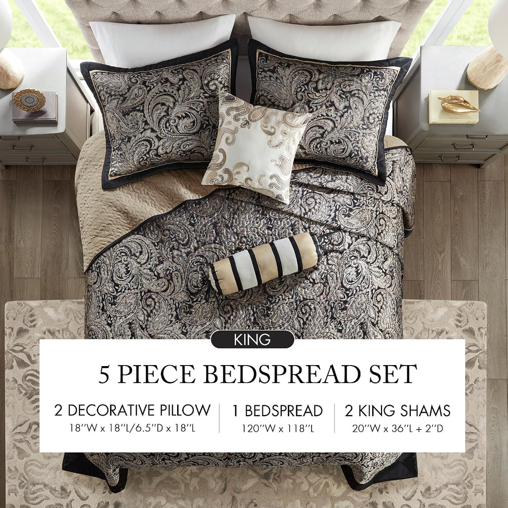 Madison Park Aubrey Reversible Quilted Bedspread Set, Solid Reverse Summer Breathable, Lightweight All Season Bedding Layer, Matching Shams, Bedspread King(120'x118'), Black 5 Piece