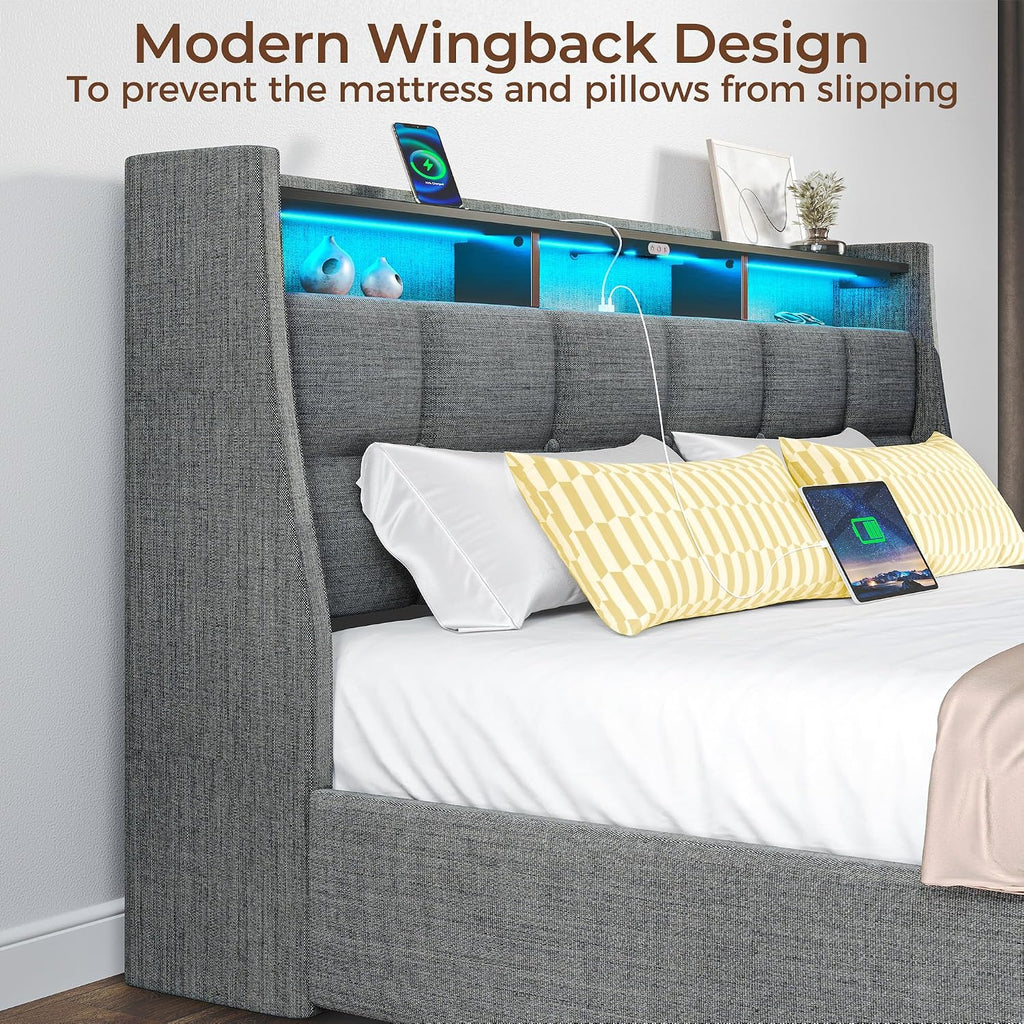 Rolanstar Queen Size Bed Frame with RGB LED Lights & Charging Station, Upholstered Storage Headboard with 4 Drawers, Heavy Duty Metal Frame, No Box Spring Needed, Easy Assembly