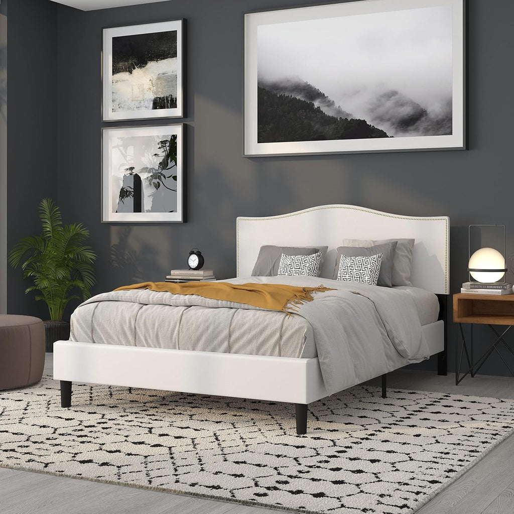 Flash Furniture Lexington Upholstered Queen Size Headboard with Accent Nail Trim in White Fabric