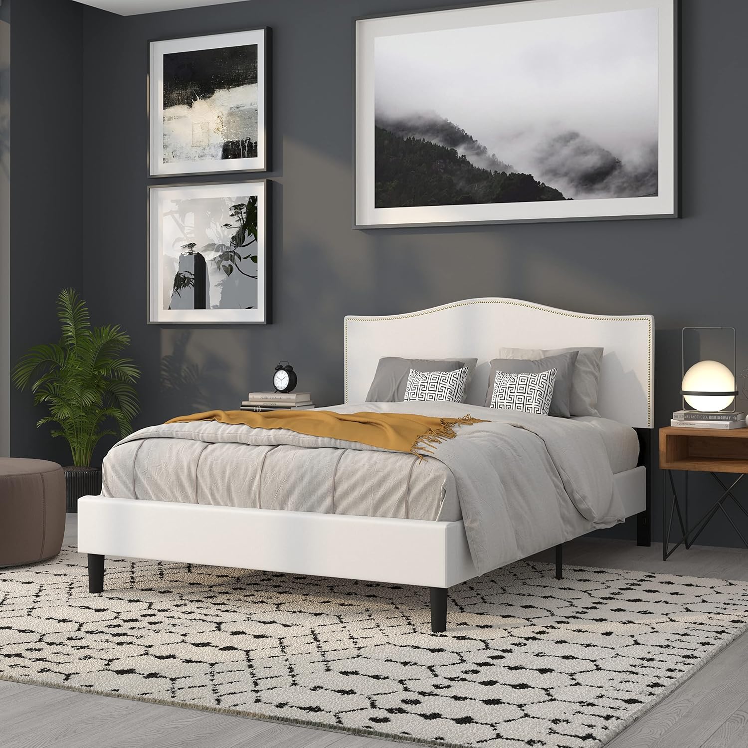 Flash Furniture Lexington Upholstered Queen Size Headboard with Accent Nail Trim in White Fabric