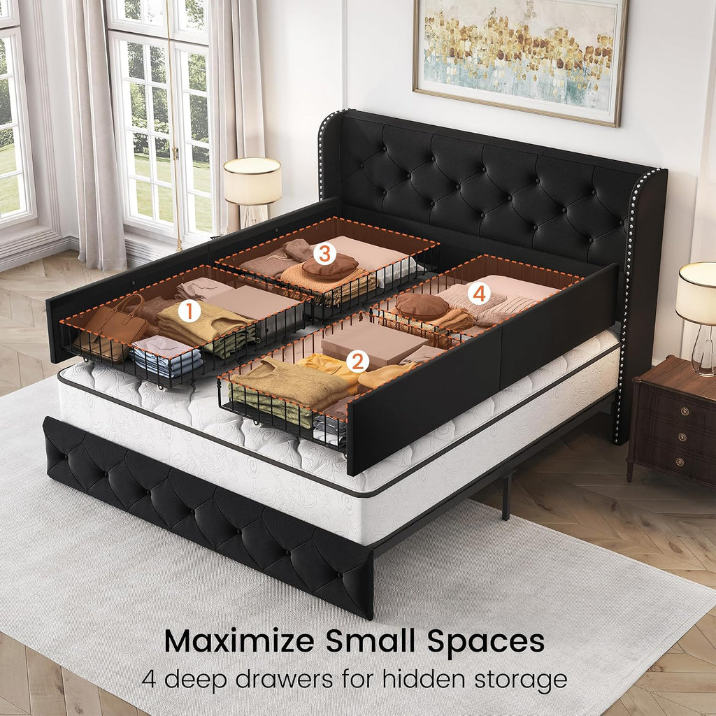LARMACE Full Size Bed Frame with 4 Storage Drawers and Wingback Headboard Velvet Upholstered Platform Bed Frame Tufted Beds with Wooden Slats Support, Easy Assembly, Black