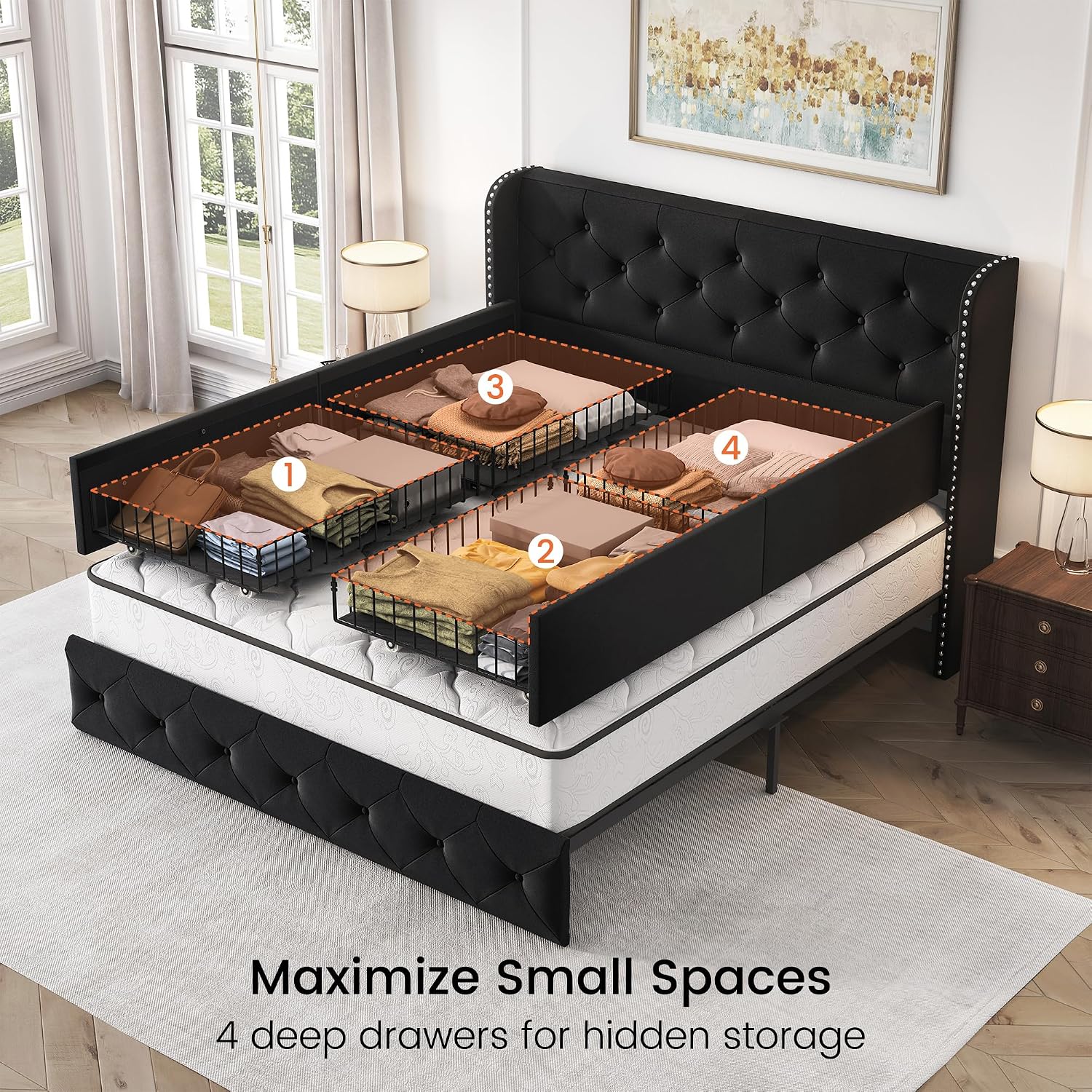 LARMACE Full Size Bed Frame with 4 Storage Drawers and Wingback Headboard Velvet Upholstered Platform Bed Frame Tufted Beds with Wooden Slats Support, Easy Assembly, Black