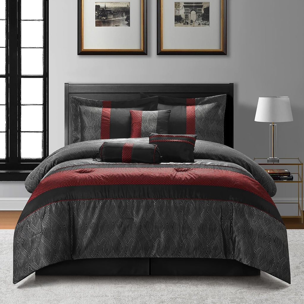 Grand Avenue Red and Black Comforter Set Full, Jacquard & Flocking Technique, Modern Design All Season Striped Bedding Sets, 7 Pieces Home Décor