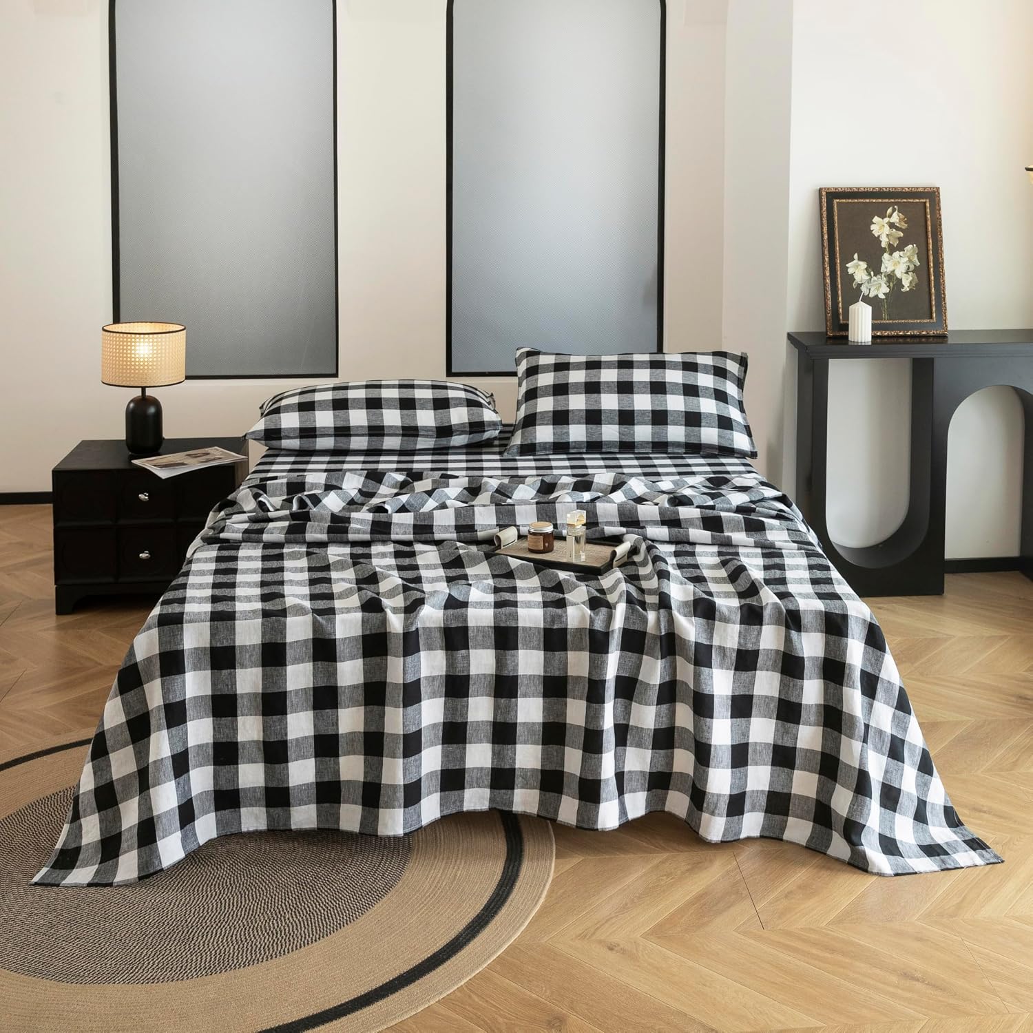 EVERLY Linen Sheets Set King Size,100% French Stonewash Pure Linen Bed Sheets,4Pieces (1Flat Sheet,1Fitted Sheet,2Pillowcase) Suitable for Hot Sleepers,Deep Pocket Natural Bedding Set-Black Plaid