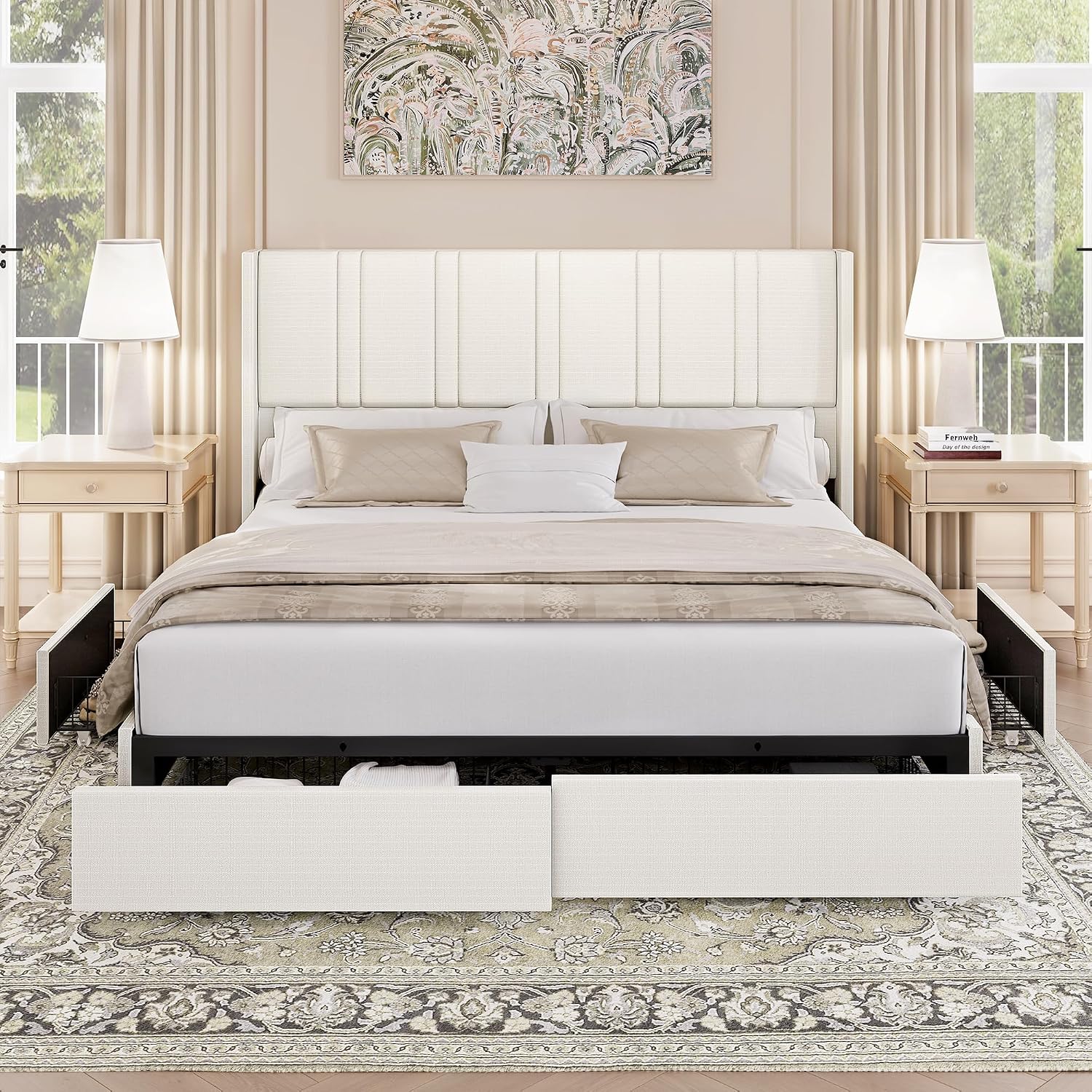 BRELTAM Queen Size Bed Frame with 4 Storage Drawers Linen Upholstered Platform Bed with Wingback Headboard, No Box Spring Needed, Easy Assembly, White
